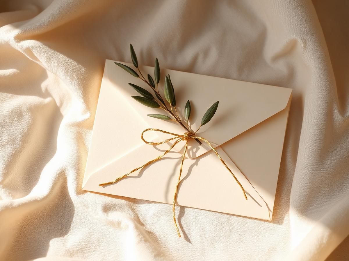 Envelope com laço dourado e ramo de oliveira